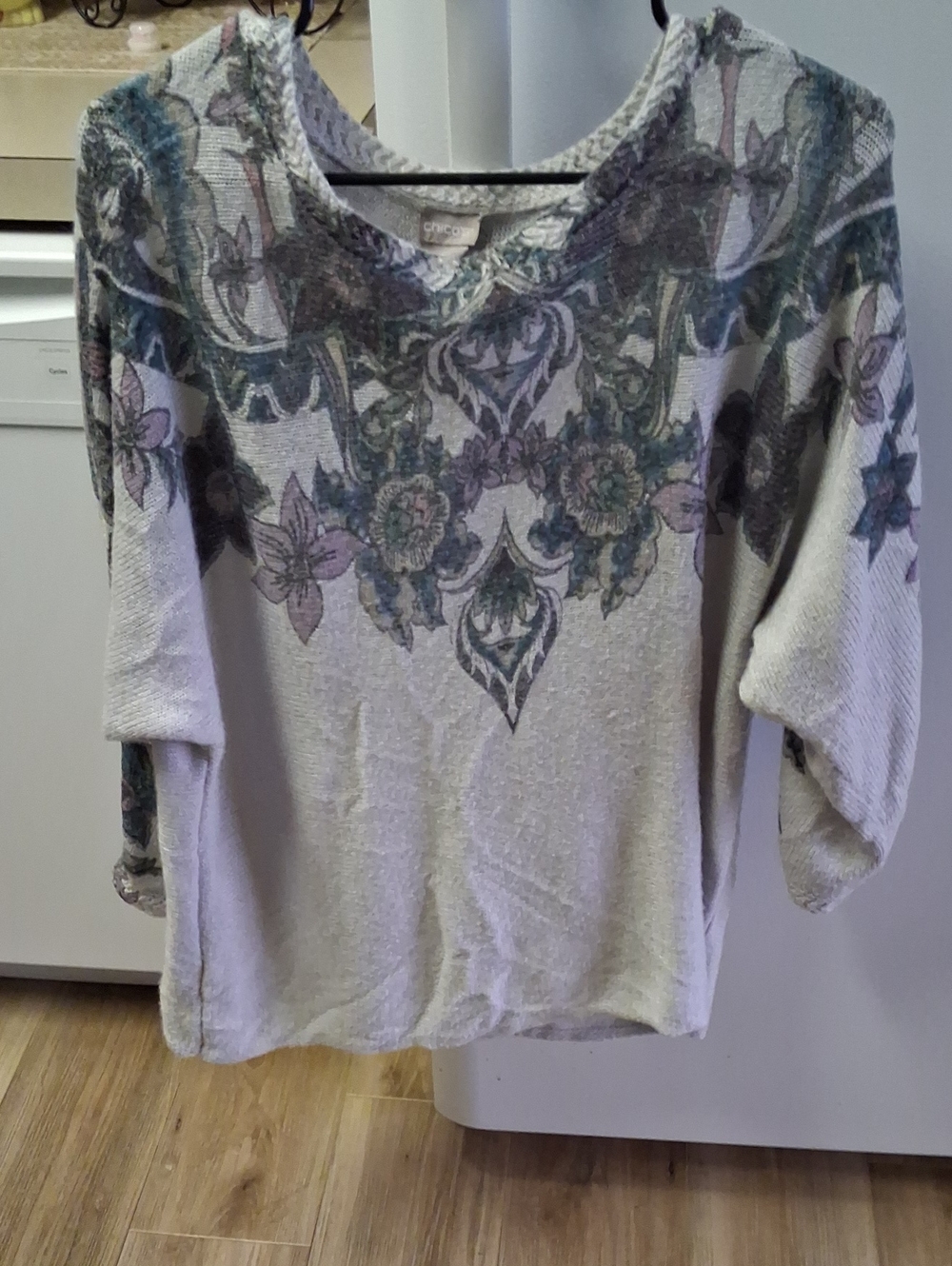 Chico's Silver Sweater Top with Green and Lavender Floral Print.